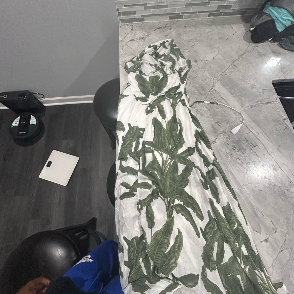 Big Hit Fashion Tropical Leaf Print Maxi Dress  White & Green  Size L